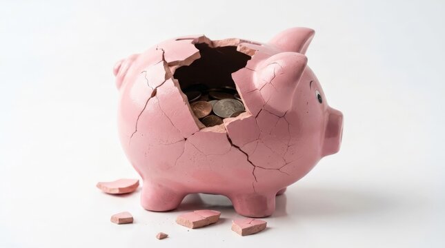 A pink cracked piggy bank sits on a clean white surface with broken ceramic pieces scattered around, revealing various coins filling its hollow center, underscoring the money