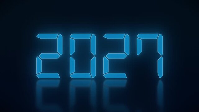 Video animation of an LED display in blue with the continuous years 2020 to 2027 on a reflective floor - represents the new year 2027 - vacation concept.