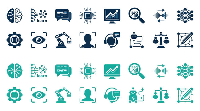 Modern AI technology and automation icons in dark blue and teal color palette.