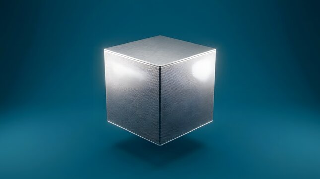 Shiny metallic perforated cube featuring precise geometric edges and polished silver surfaces floating in a dark moody teal studio space