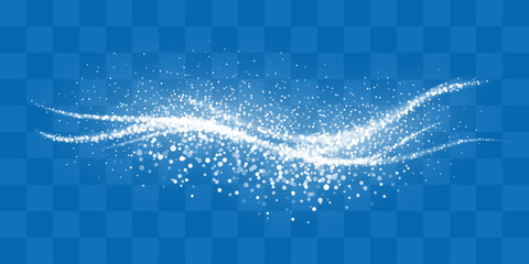 Obraz premium Transparent overlay with white snow dust particles and glowing sparkles. Abstract translucent design element with bokeh, wind snow swirls, sparkling frost effect. Vector illustration