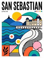 Obraz premium Colorful stylized poster illustration of San Sebastian, Spain, featuring ocean waves, beach, sun, harbor architecture, hills, and bold graphic shapes.