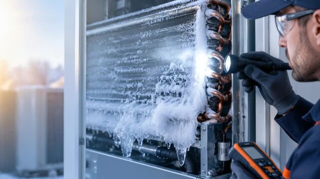 Technician inspecting frozen air conditioning evaporator coil with flashlight  
