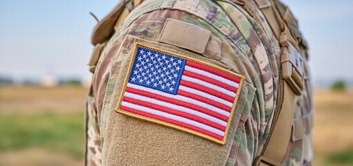 Obraz premium Patriotic patch on soldier’s tactical sleeve symbolizing strength and national pride in a blurred battlefield background.