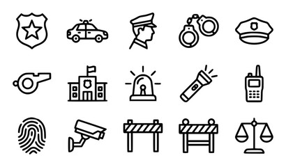 Police and Law Enforcement Black White Icons Collection with Badge, Patrol Car, Officer, Handcuffs and Security Symbols © MdAkramul