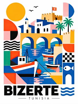 Colorful geometric travel poster of Bizerte, Tunisia featuring a harbor, arched bridge, historic fort, boats, palm trees, sun, and bold typography.