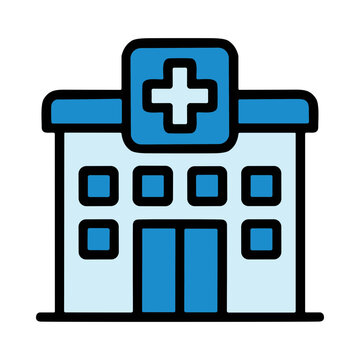Illustration of a Modern Hospital Building Exterior with Blue Accents and Cross Symbol