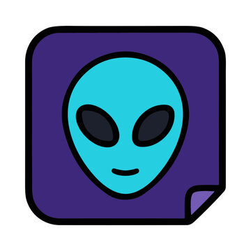 Illustration of a blue alien face sticker on a purple background with a folded corner