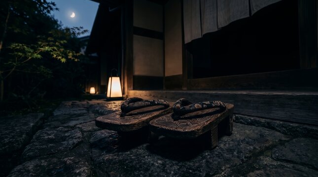 Traditional japanese wooden clogs on stone pavement illuminated by lantern at night
