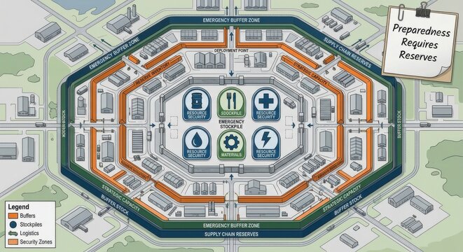 Top View of an Organized Emergency Supply Chain with Buffer Zones and Stockpiles