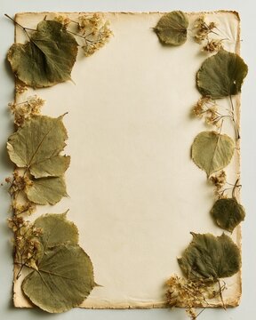 pressed linden leaves and dried linden blossoms on aged cream paper, scattered gently around the edges, empty center, sepia and faded green, vintage herbarium page, soft shadows.