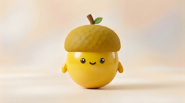 A cute yellow acorn character with a smiling face standing on a soft beige background for autumn design