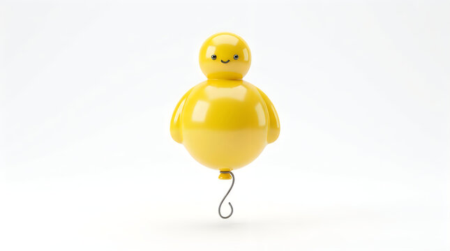 A cute yellow plastic toy chick hanging from a metal hook isolated against a plain white background