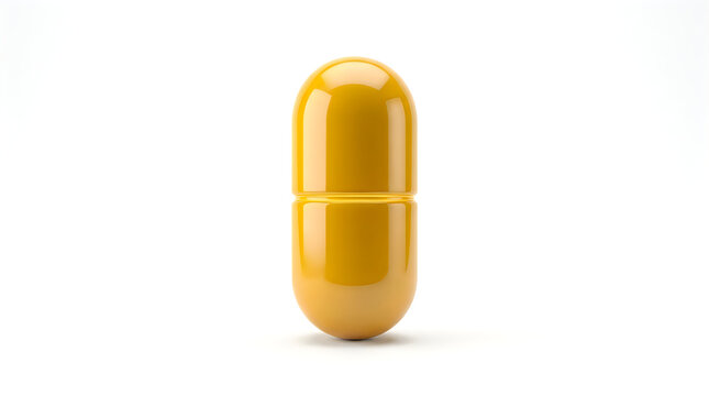 A single yellow medical capsule pill isolated on a clean white background for pharmaceutical and healthcare concepts