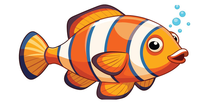 Flat vector illustration cartoon clownfish with orange white stripes, expressive eyes, underwater bubbles, tropical reef marine life design, aquatic character artwork