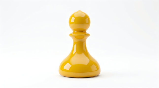 A single golden chess pawn stands isolated on a clean white background representing strategy