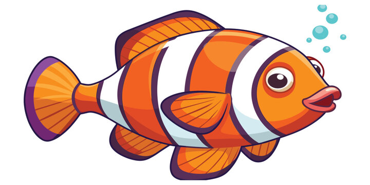 Flat vector illustration colorful cartoon clownfish with orange white stripes, underwater bubbles, marine life design, tropical reef fish character artwork