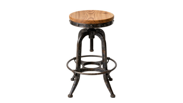 Adjustable industrial stool with wooden seat and metal base, isolated on transparent background