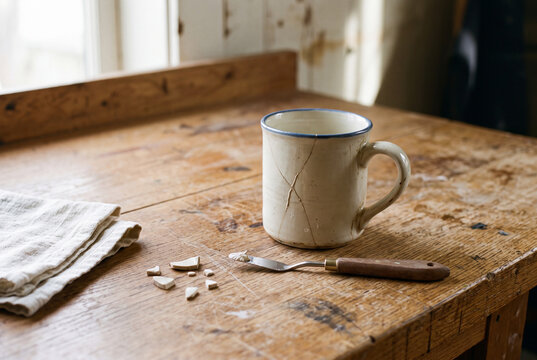 Riparare un oggetto di uso quotidiano per uno stile di vita sostenibile, utilizzando ceramica restaurata, attrezzi e piccoli frammenti che simboleggiano la cura e il riutilizzo.