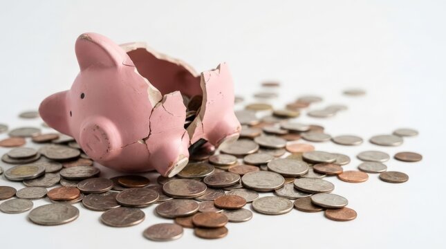 A broken ceramic cracked piggy bank lies on a white surface, surrounded by scattered coins spilling out from its destroyed center in a conceptual financial representation