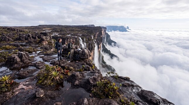 Tourists exploring the misty summit of Mount Roraima Tepui with waterfalls