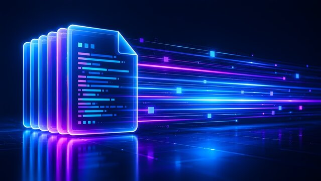 Digital data stream with glowing document icons
