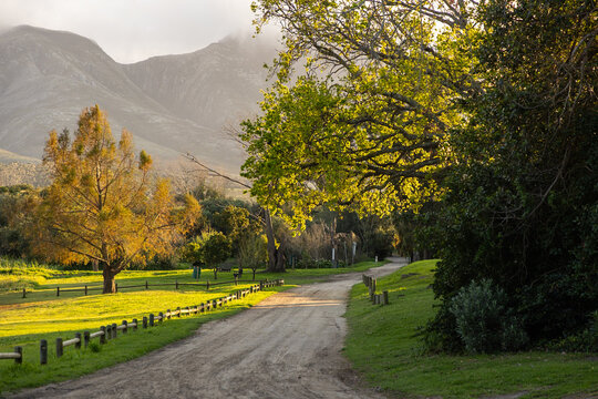 country road, Klein Mountains and River at sunrise, Stanford, South Africa
