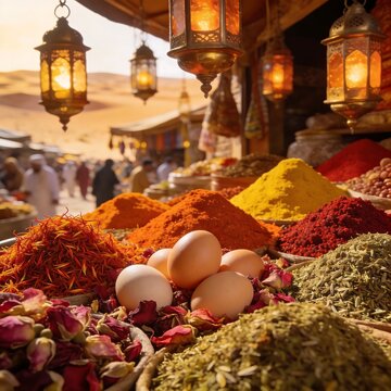 Eggs rest among vibrant saffron spice mounds and brass lanterns at a colorful Middle Eastern souk market under warm golden light