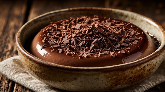 Close up of chocolate supangle dessert in ceramic bowl. Dark cocoa pudding topped with fine chocolate shavings. Rich creamy texture on rustic wooden table with linen cloth. Gourmet sweet treat for