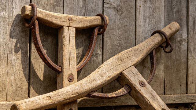 Two old wooden ox yokes with rusted iron rings against plank wall, agricultural heritage concept