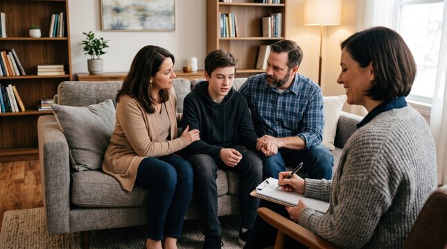 Family therapy session with parents and teenage son talking to woman psychologist taking notes on clipboard. Supportive counseling and mental health care concept for family relationships and
