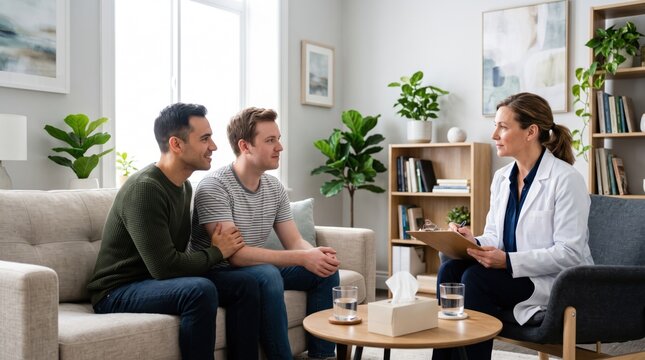 Gay couple talking with female therapist during counseling session. Woman psychologist taking notes on clipboard while two men sit on sofa in office. Mental health support and relationship therapy