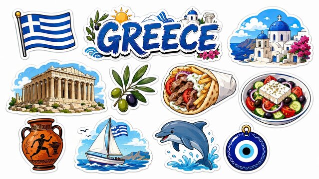 Collection of colorful Greece-themed stickers featuring the Greek flag, landmarks, food, sailing, dolphin, olive branch, pottery, and evil eye.