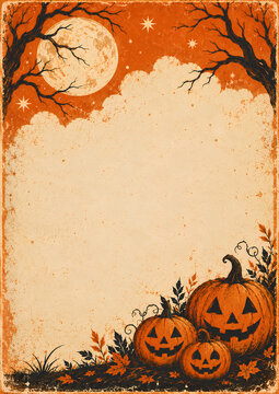 halloween background with pumpkin, Vintage Halloween Poster Background with Jack O Lanterns, Moon and Grunge Texture