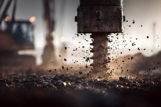 Earth auger drilling into soil with flying dirt at a construction site