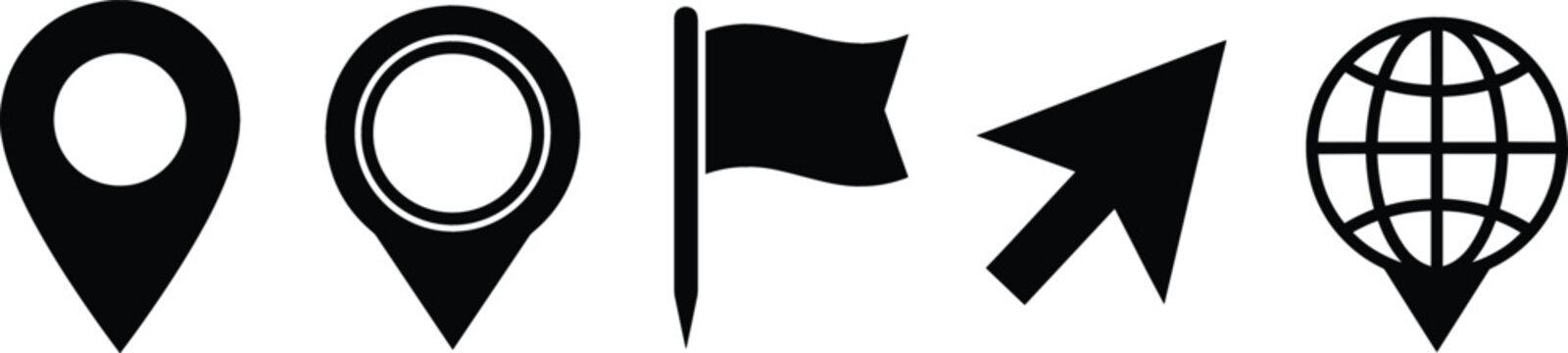Location pin map pointer flag and cursor arrow solid glyph vector icon set