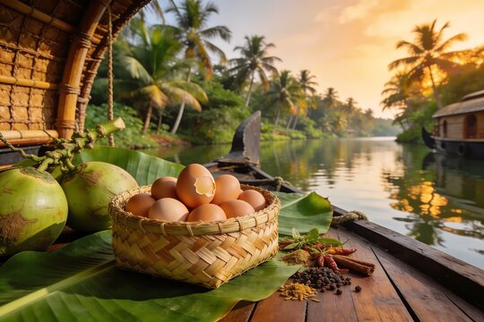 Fresh brown eggs rest in a woven palm basket on a Kerala houseboat deck beside coconuts and calm backwater canal reflections