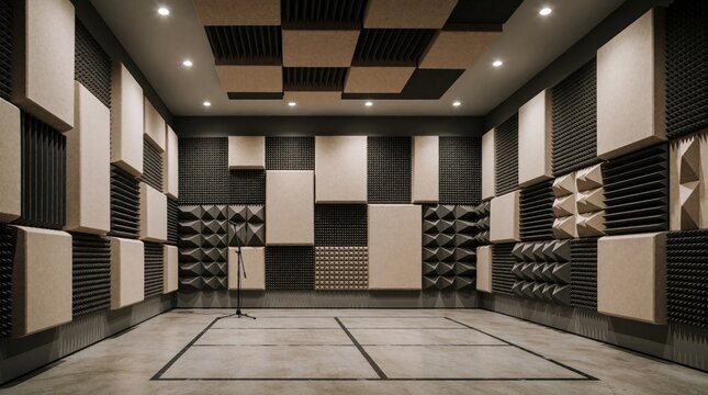 Modern interior room with acoustic panels on walls and ceiling. Soundproofing foam and diffusers create pro recording studio or quiet conference space. Minimalist design with concrete floor.