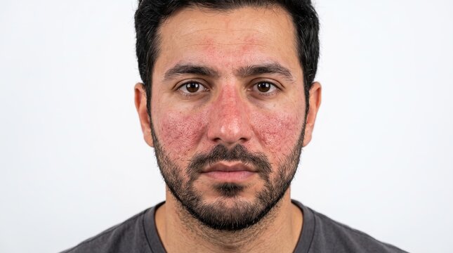 Adult man front view showing facial butterfly rash facial redness rosacea lupus condition