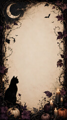 Fototapeta premium grunge background with frame, Vintage Gothic Halloween Frame with Black Cat, Moon, Candles and Pumpkins