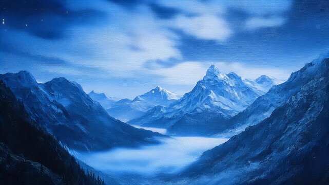 Mountain range in blue with mist and stars, oil painting