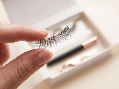 Fingers holding a strip of false eyelashes up close. Blurred white packaging box with beauty tools in the background.