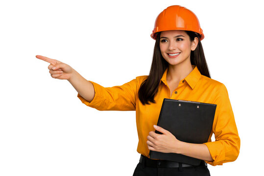 Business woman portrait isolated on white transparent background, female engineer in orange hard hat holding clipboard and pointing, PNG