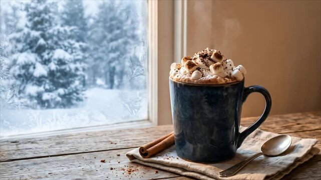 Hot chocolate with marshmallow and cream in mug on wooden windowsill by frosted window with snowy winter forest view. Cozy winter drink, comfort and warmth concept