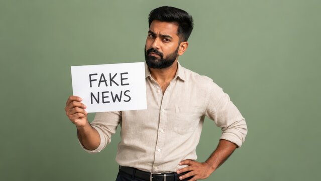 Indian Man Holding Fake News Sign Concept for Misinformation and Disinformation