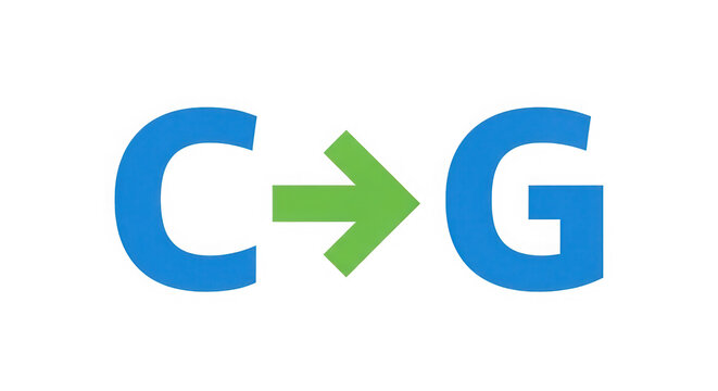 Green right arrow pointing from letter c to g isolated on transparent background