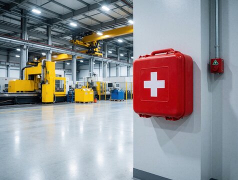 Red first aid box hangs on wall in modern factory. Industrial equipment and machinery visible in background. Safety preparedness and emergency response concept.