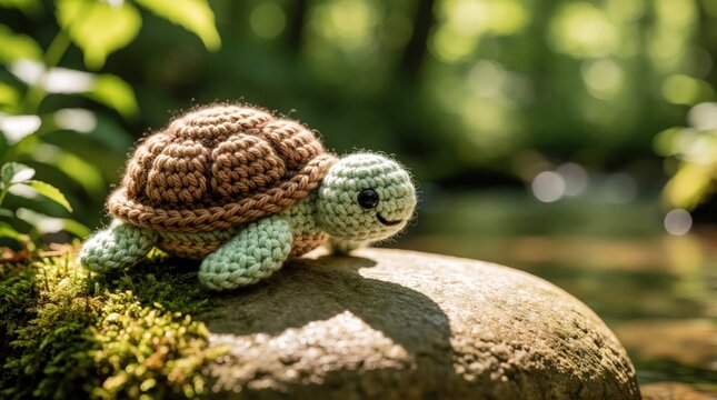 Crocheted turtle sits on mossy rock near water. Handmade toy turtle with textured shell looks cute and peaceful. Soft yarn creature in nature provides cozy feeling.