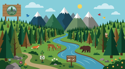 Obraz premium Flat illustration of a scenic national park with mountains, a river, evergreen forests, and diverse wildlife under a sunny sky