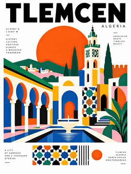 Colorful geometric travel poster depicting Tlemcen, Algeria, with historic architecture, mosque minarets, arches, mountains, and a bold orange sun.